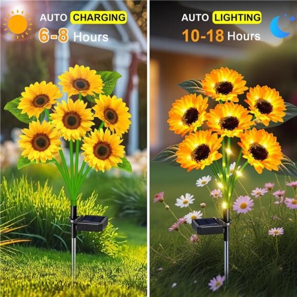 Sunflower Solar Lights Outdoor Decor, 4 Pack Solar Garden Decor 24 Waterproof - Picture 4 of 7